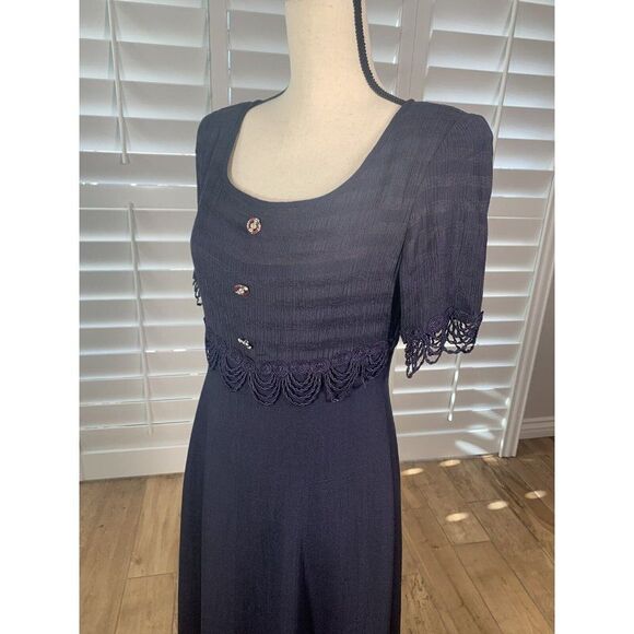 Vtg 80s Deadstock Lion Dark Blue Cocktail Dress 9 Ballet Length Rayon Empire - Picture 7 of 12